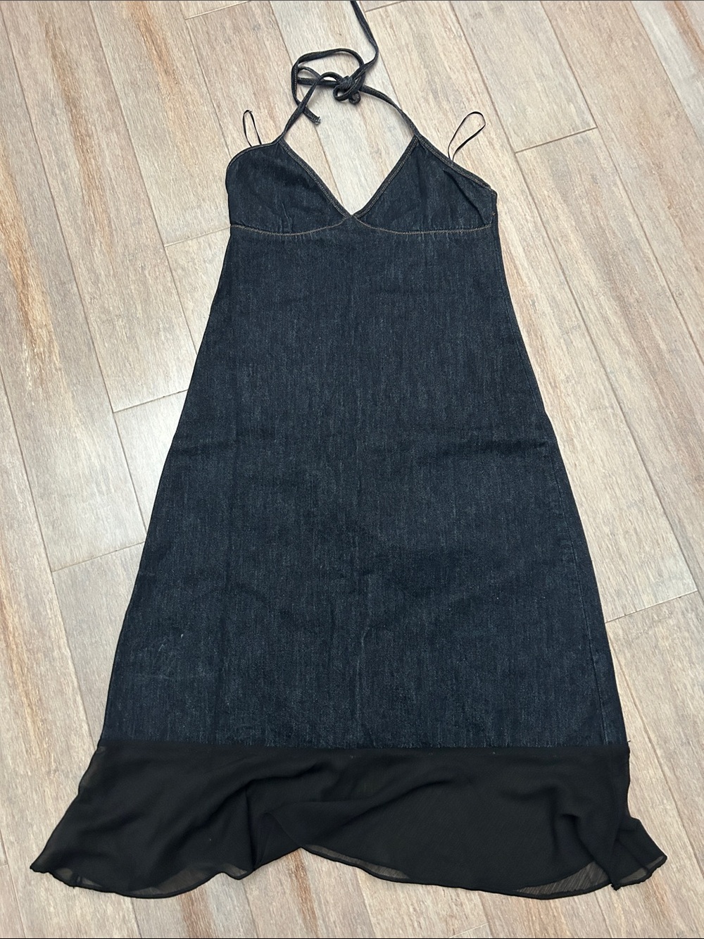 Lioness Black Halter Indigo Denim Midi Dress with Sheer Hem halter neck size S